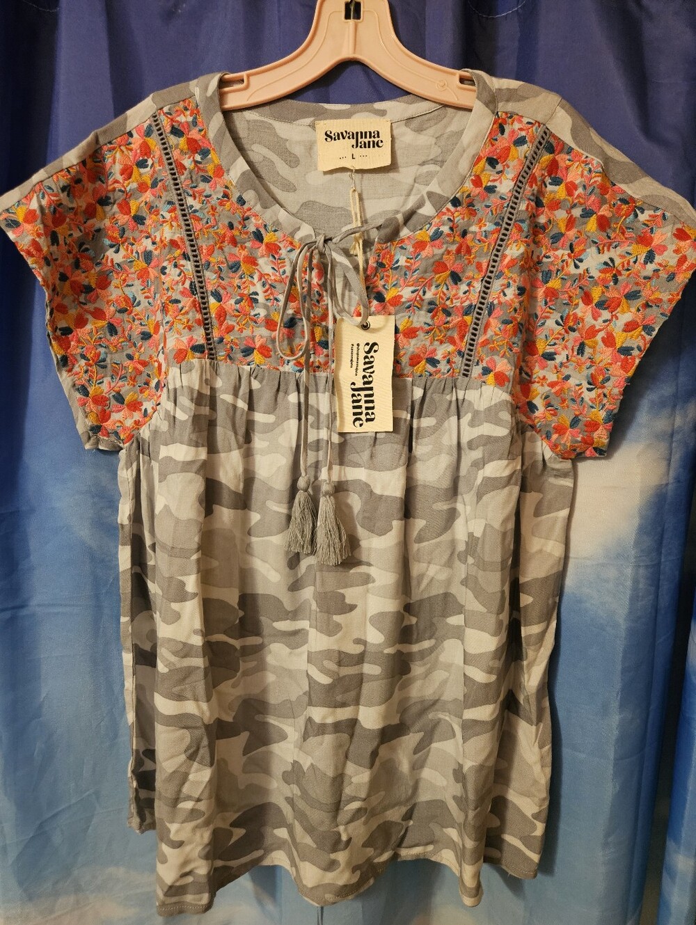 Savanna Jane Gray Camo Tunic with Bright Floral Lovely Embroidered Design - Picture 7 of 7